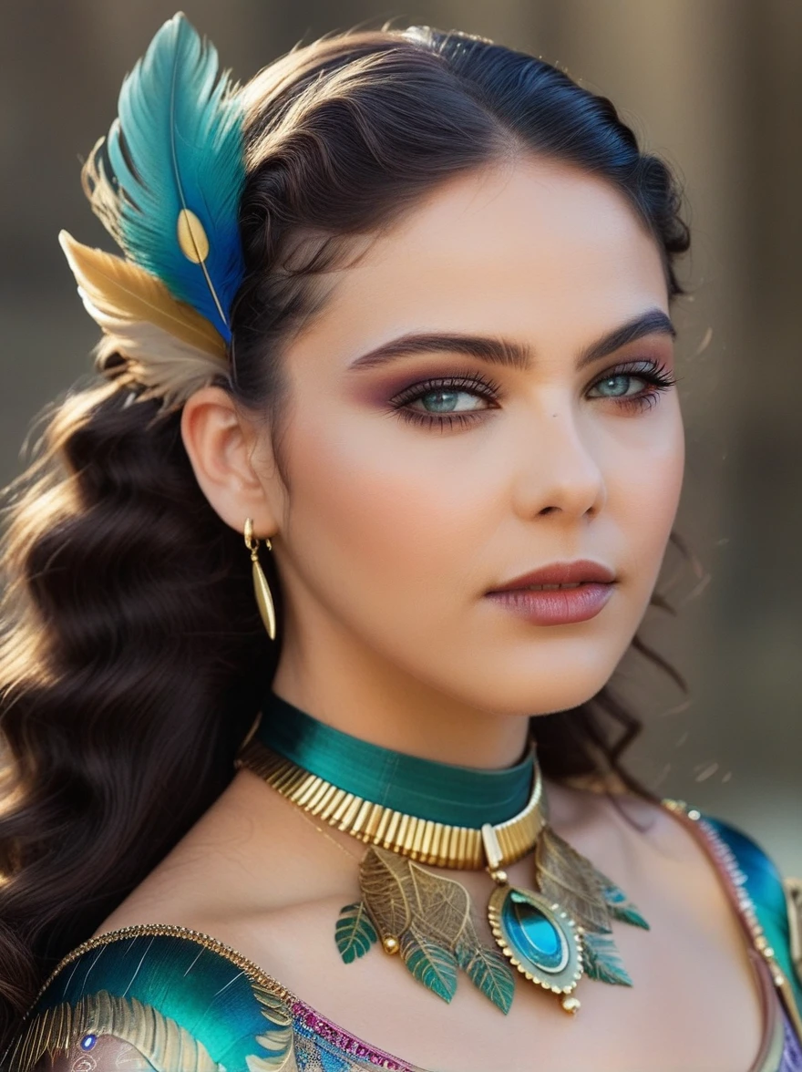 A close-up digital painting portrait of a young woman with an ethereal appearance, viewed from a slightly right angle. Her large, expressive eyes are a striking teal blue, with intricate detailing around them and long, dark eyelashes that add to her melancholic expression. Her lips are slightly parted, revealing a subtle hint of teeth, with a pale nude color and subtle shading. The woman's skin is smooth and pale, adorned with intricate, floral-like tattoos or designs in pink and red on her left cheek and around her eyes. She has voluminous, flowing dark brown hair that blends seamlessly into an elaborate hairdo resembling feathers or leaves, extending into the background in an ethereal manner. Her hair is adorned with small, reflective objects, including golden and blue highlights. Around her head, there are elaborate, ornate designs resembling gears and metallic pieces, blending seamlessly with her hair. She wears a colorful, feather-like garment with hues of purple, magenta, green, yellow, and brown around her shoulders, adding depth to the composition. Her attire includes intricate golden metallic elements, including a prominent curved piece near her right eye and a small golden crescent-shaped ornament. The background is abstract, featuring soft watercolor splashes of colors like green, blue, yellow, and red, creating a dreamy atmosphere that blends into the midground. The lighting is soft and diffused, highlighting the subject's facial features and hair while casting gentle shadows, creating a mysterious and otherworldly mood. The overall style is fantastical and surreal, with high contrast and moderate saturation, emphasizing the intricate details and creating a beautiful, captivating image that evokes a sense of wonder and enchantment. 16:9