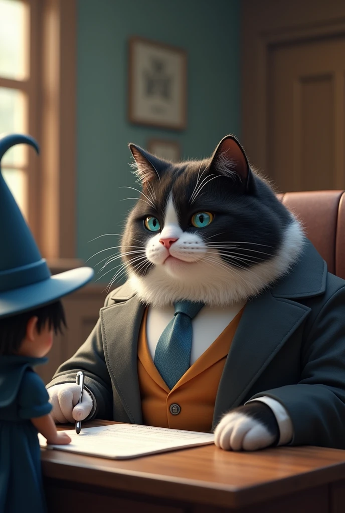 "The plump black-and-white cat is signing a contract at a meeting, dressed in a brown suit and trousers. Across from him is a charming sorcerer little cute with blue eyes and black hair, wearing a blue dress and a blue sorcerer's hat."