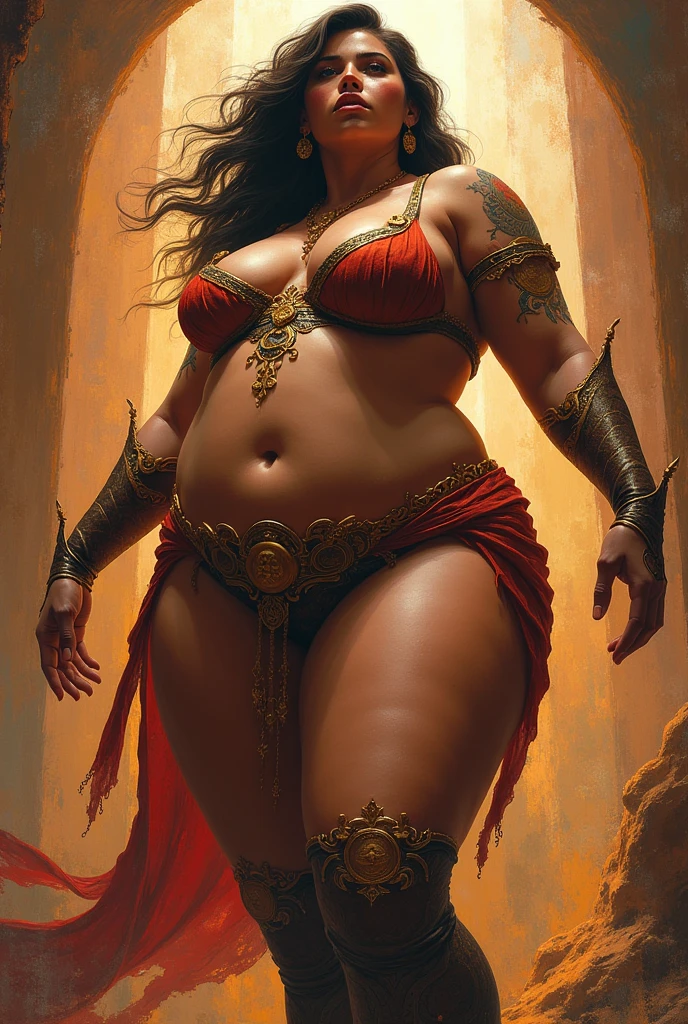 a chubby pirate woman from the early 18th century, barefooted, dungeons and Dragons 5th edition fantasy illustration, highly detailed cinematic fantasy portrait, black outlining, full color illustration, in the style of BORIS VALLEJO & JULIE BELL, masterpiece, 8k, ultra-detailed, physically-based rendering, vivid colors, dramatic lighting, intricate background, fantasy, photorealistic