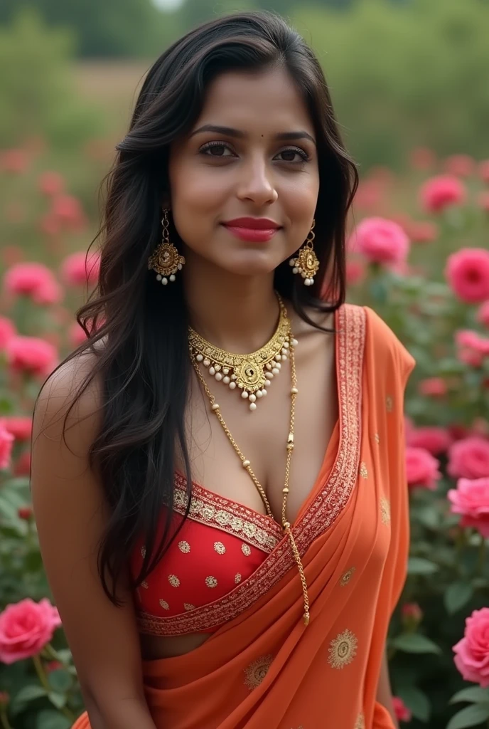 A 35Indian women, wearing jewelry,full body, beautyfull face,light skin color,shy smile,looking at viewer,jhumka in ears,poney tail hair style,day light,glowing skin,black bindi in her forhead,flower garden background,full body,8k,ultra detailed, broad hips, posing nude