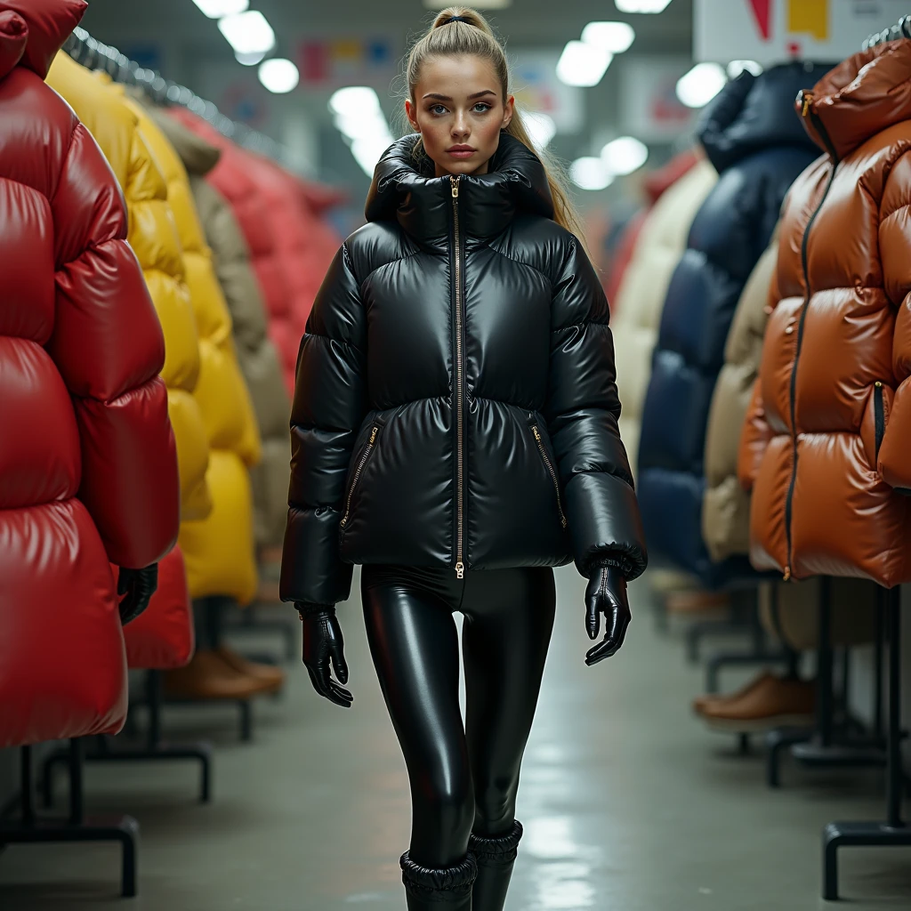  a slim ponytail  girl,beautiful detailed eyes,beautiful freckles,beautiful detailed lips,extremely detailed eyes and face,longeyelashes,in beautiful detailed hooded  formfitting duvetica overfilled shiny hyper gleamy hyper thick glossy unsealed puffer jacket covering her sealed hyper padded duvetica puffer vest,latex glossy stirrup legging,her full-foot glossy hyper padded overfilled thick inflated down slipers,symmetrical,walking in pufferstore,masterpiece,cinematic,lifelike,hyperrealistic,8k,photorealistic,highly detailed,intricate,exquisite,elegant,beautiful,stunning