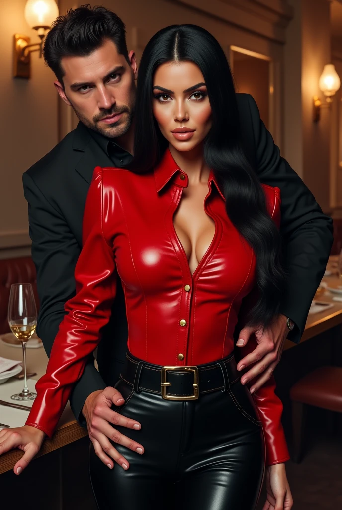 ultra realistic, photography, long black straight hair, girl, 30 years old, hourglass figure, perfect fit body, natural big breasts, seductive look, masterpiece, super detailed, detailed face, beautiful eyes, detailed eyeshadow, lip details, red lipstick, full body picture, dark eye makeup with eyeliner, wearing a red high-leg-cut shiny latex evening dress, she has a great round cleavage, hourglass body, she is sitting at a bar, she is wildly kissing a handsome guy, one hand of hers glides into his pants