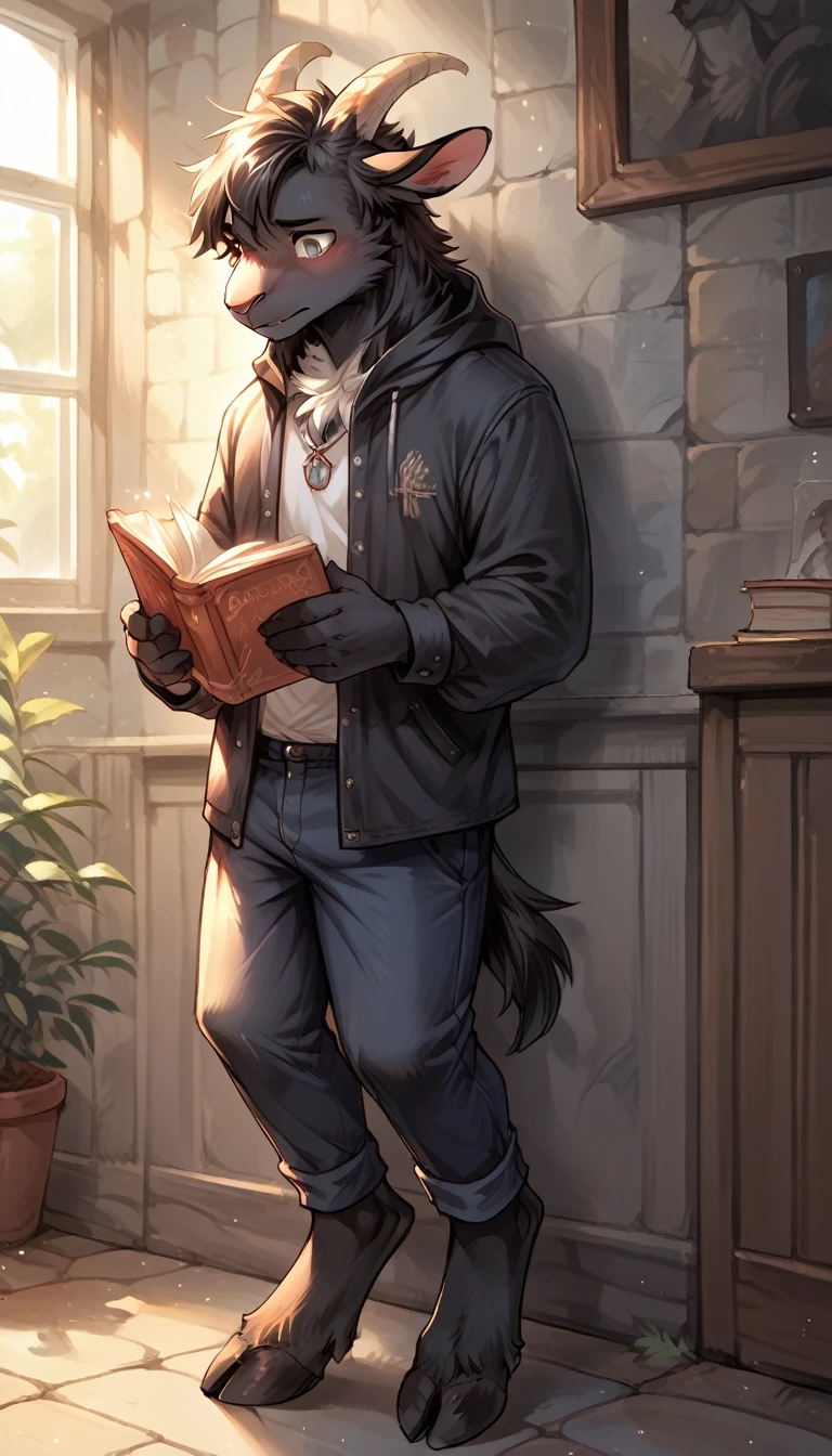 score 9, score 8 up, image of a man standing, goat, grey eyes, anthro, hooves, mage, holding book, shy, magic, teenager, black fur, black hair