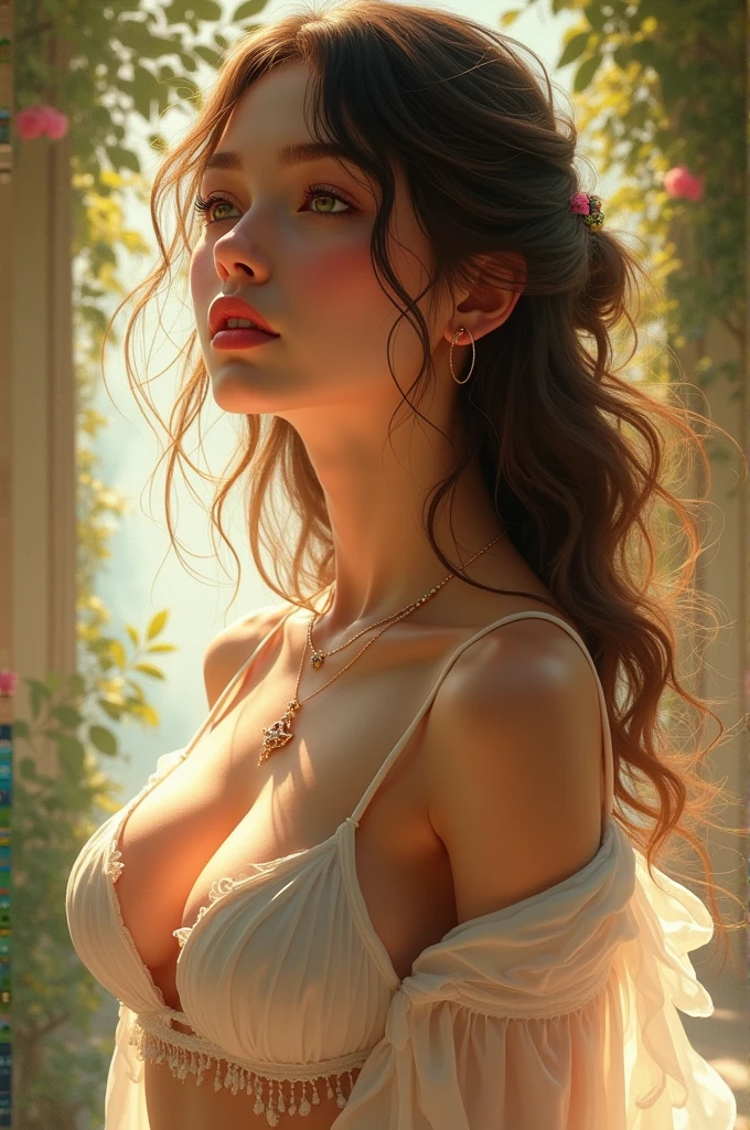 lucy pinder, portrait, looking to the side, looking up, eyes closed, mouth opening wide, drooling.