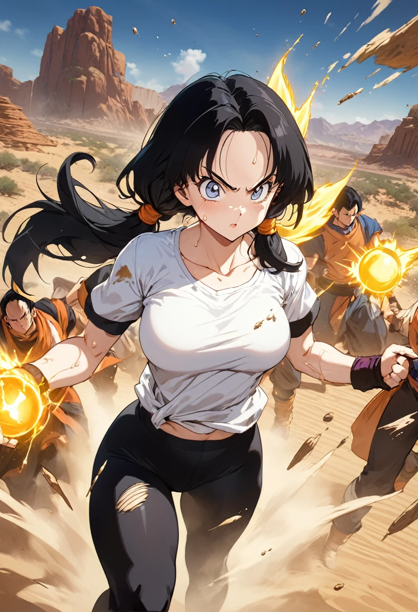 masterpiece, Highest quality, High resolution, (Videl),1990s \(style\),(E-cup beautiful breasts)、 (tall:1.2),height: 160cm,Fashion model body type,Sweating all over the body、Muscular、((sexy))、(nsfw),独奏,Anime-style painting style, Black Hair、  White shirt, Short sleeve, Black Long Spats,Long twin tail hair, A composition that focuses on the whole body,(Cool face)、(Pointed Eyes),Big eyes,Cinematic lighting,Ultra-fine,The background is the desert,magnificent view,Battle Scenes,A dynamic pose,Shoot energy bullets from your hands、A golden aura appears around your body,Dragon Ball concept art,Kamehameha、Dust clouds fly、Multiple injuries to the skin、Clothes get torn in places