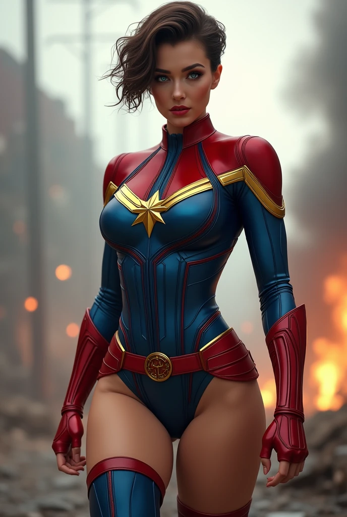 Pretty Caucasian (female), Sarah Shahi, a slim but muscular body, huge breasts, dark brown messy hair, blue eyes, ((bright red lipstick)), ((seductive smile)) ((big bright blue eyes looking towards the viewer)) ((short messy dark brown hair)) ((big breasts:1.6)) ((slender body:1.3)) (wearing captain marvel costume, [[[ultra micro miniskirt, very very very micro miniskirt exposing full lengthy thick thighs]]], )) ((in battle ground)) ((high definition:1.5), ((pale lights)) ((masterpiece:1.5))((8k:1.5)) ((Best quality:1.4)), detailed eyes, detailed hands, detailed fingers, (((detailed beautiful thighs))), large explosive cleavage, , standing spread legs, (( full body shot)) (((view from side bottom, panties visible))),
