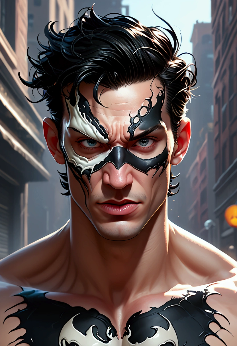 a comic book illustration depicting a character in venom - style, 1boy, male focus, solo, black hair, piercing, tongue out, eyes with black mask, sexy, no shirt, venom body, Ultra-detailed, Full HD 4K, High-detailed face, Sharp lines, Handsome man, Perfect face, Attractive man, Manly, Stylish, Piercings,,1boy.