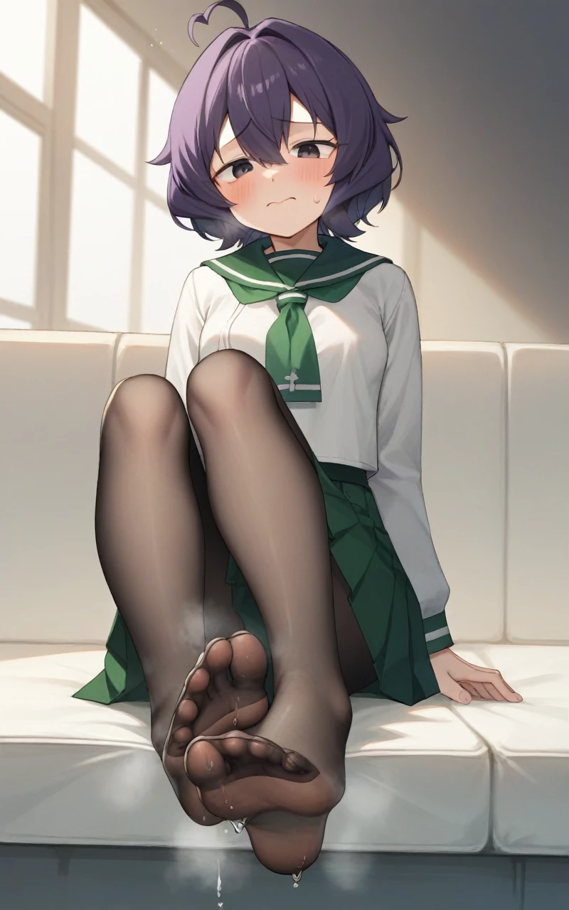 1 girl, short hair, Black Purple Hair, Hair between the eyes, Side lock, Heart Ahog, Bangs, Small Breasts +++ Utena, black eyes, look down +++ , Blazing Angel, Long sleeve, Green sailor collar, Green midi skirt, Pleated Skirt, scarf, Black pantyhose, spouse, Whiskers, ecstatic, Westwood Park，Stinky feet,Steam around feet,脚底Sweating很多，There are a lot of water drops on the soles of feet，Water dripping from the soles of feet，Sweating all over，Sweating, Two feet，Each foot can only have five toes，Good feet，Nice looking feet, ,White milk on the feet