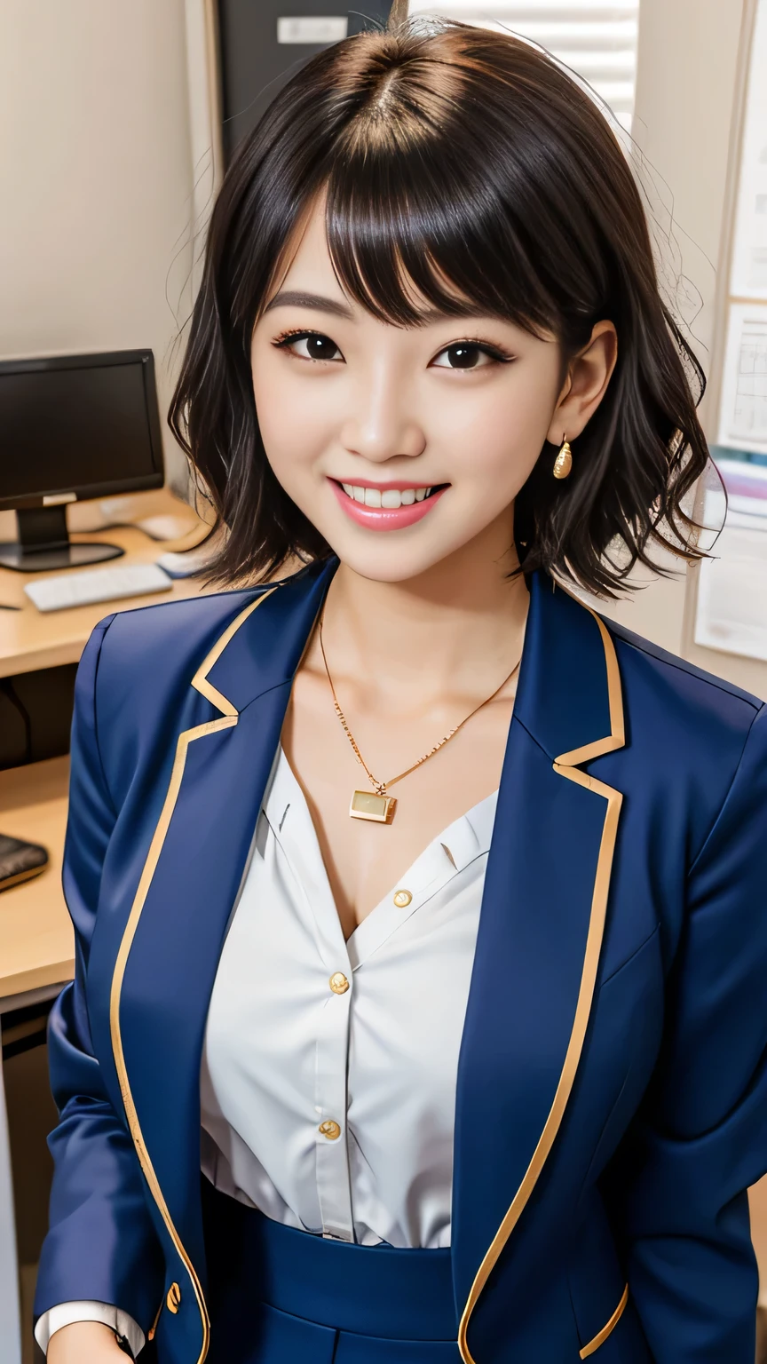 RAW Photos, High resolution, Very detailed, Intricate details, 、ear piercing、、short hair、Black Hair、、Office Lady Suits 、Jacket、shirt、smile、Beautiful teeth alignment、Necklace around the neck、, The background is the office
