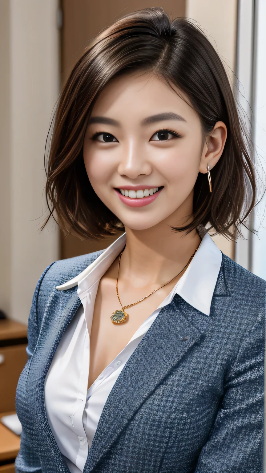 RAW Photos, High resolution, Very detailed, Intricate details, 、ear piercing、、short hair、Black Hair、、Office Lady Suits 、Jacket、shirt、smile、Beautiful teeth alignment、Necklace around the neck、, The background is the office
