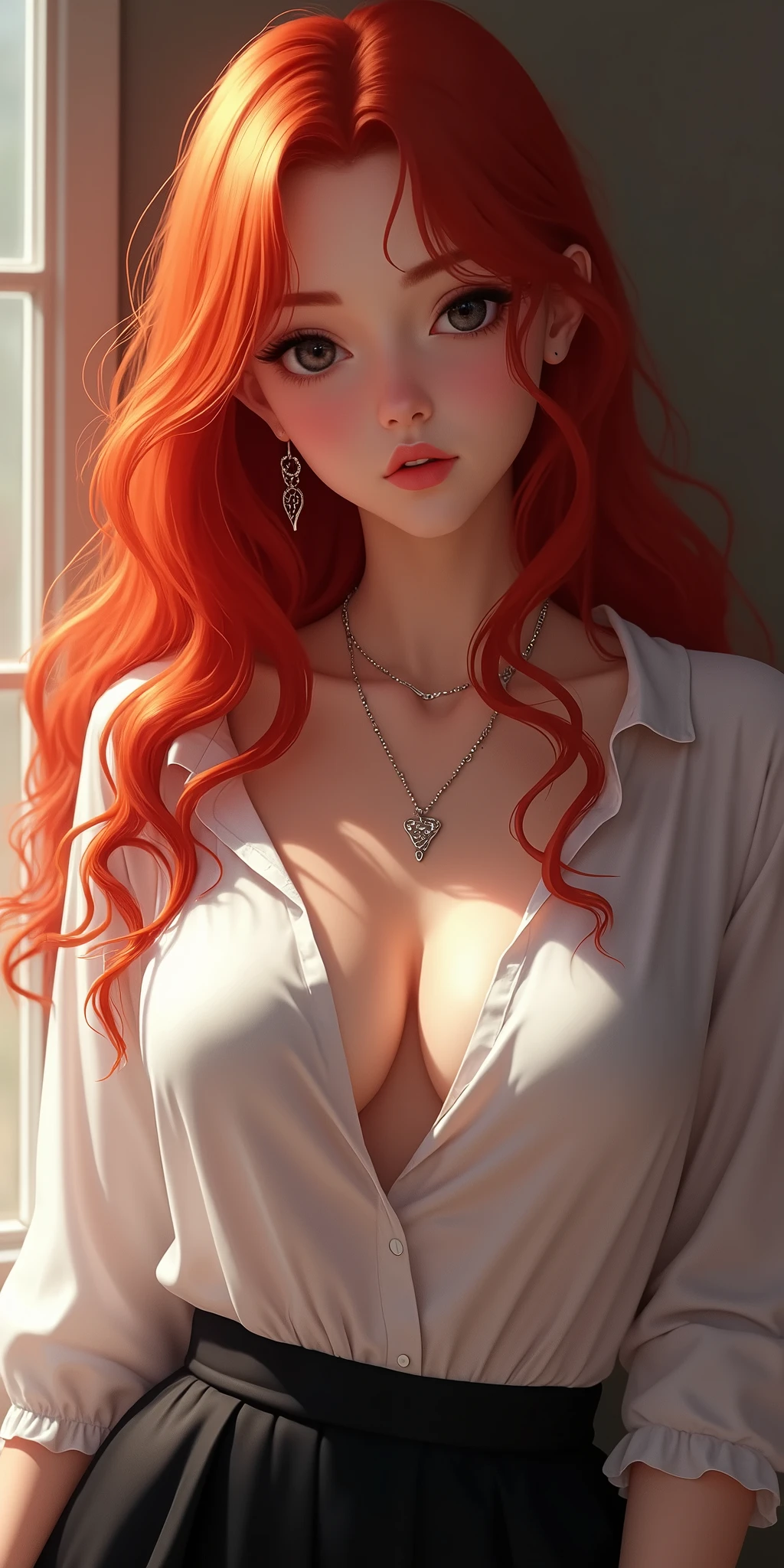 (best quality, ultra-detailed, photorealistic: 1.39), bright and vibrant colors, studio lighting, romantic expression, An effeminate girl, with a delicate and beautiful face. Beautiful and adult woman with her dark red hair with braids, wavy matches the gothic makeup, her dark blue eyes and mischievous smile, with her large seductive breasts, cleavage, dark style, denim shorts, white sweater, dark makeup. She have a horny face, like a manwha character, chain details,, walking in leaning pose in the bedroom, posing by the window, seductive cleavage, manga style, anime features manga style, fully body , she is in love, like a manwha character style 