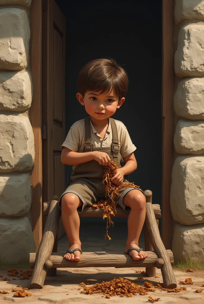 country boy of approximately 4, brunette skin, sitting on a wooden ladder, behind him a door of a house made of stone, chopping tobacco


