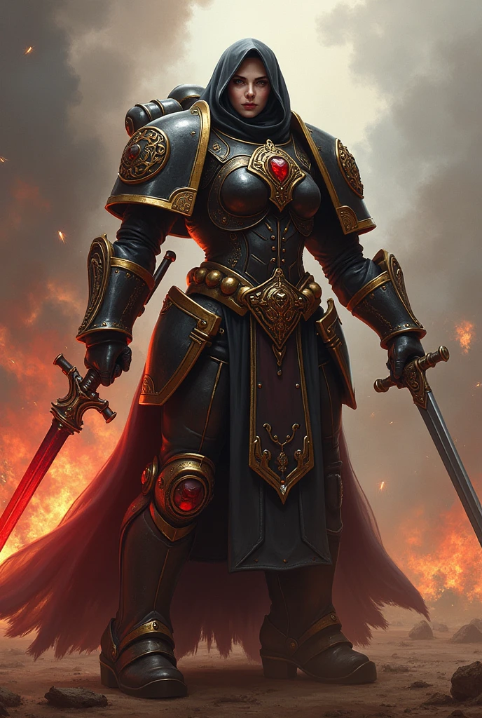high quality photo of standing whsororitas with sword in hands <lora:whsororitas3:0.9>,   sculls on ground, sceletons on ground, bones on ground, atmospheric lighting, saturated colors,   Charlise Terion face, star trek cinematic,warhammer 40k
