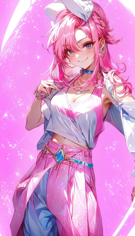 A smug narcissistic pink haired woman wearing a pink bra under a white tank top and blue pants and lots of jewelry flaunting herself 