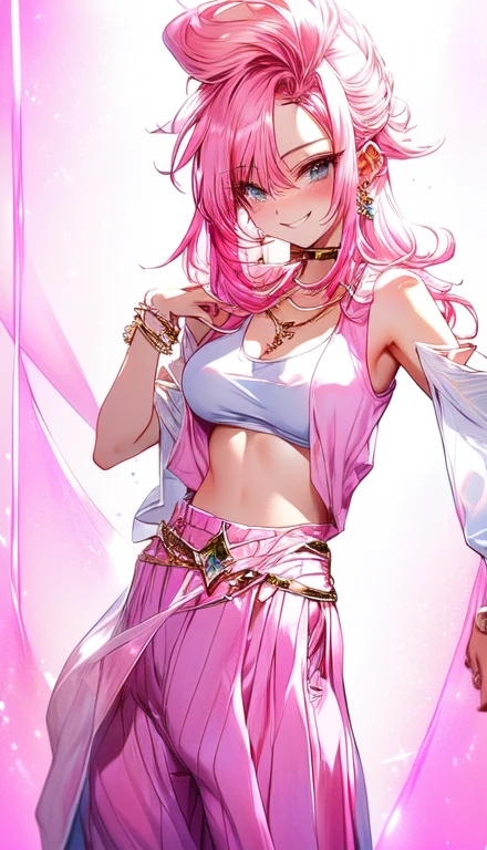 A smug narcissistic pink haired woman wearing a pink bra under a white tank top and blue pants and lots of jewelry flaunting herself