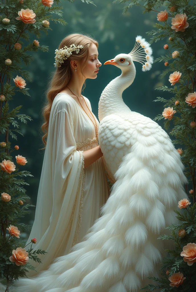 a woman hug a giant swan in a garden, full body, naked, white hair, masculine, mature, handsome, upper body, muscular, hairy torso, fantasy, intricate, elegant, highly detailed, digital painting, artstation, concept art, smooth, sharp focus, illustration, almost naked