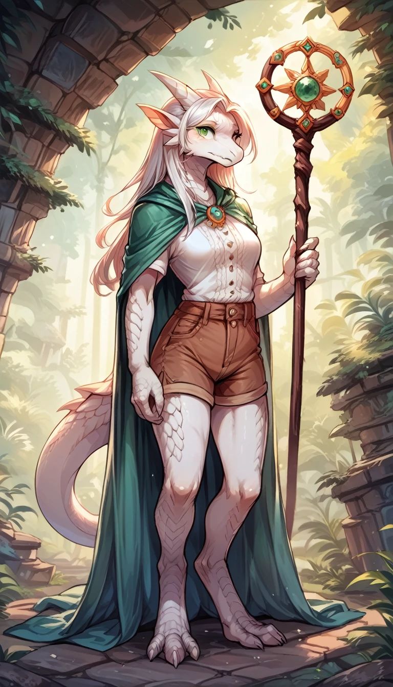 score 9, score 8 up, image of a woman standinh, dragoness,  long hair, green eyes, anthro, digitigrade, mage, shorts, blouse, cape, staff, white scales, solo