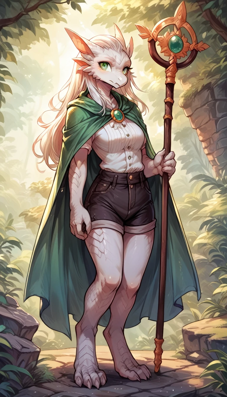 score 9, score 8 up, image of a woman standinh, dragoness,  long hair, green eyes, anthro, digitigrade, mage, shorts, blouse, cape, staff, white scales, solo