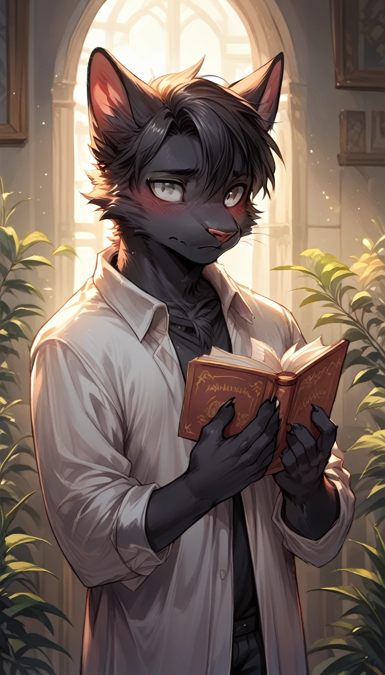 score 9, score 8 up, image of a man standing, cat, grey eyes, anthro, mage, holding book, shy, magic, ager, black fur, black hair, solo