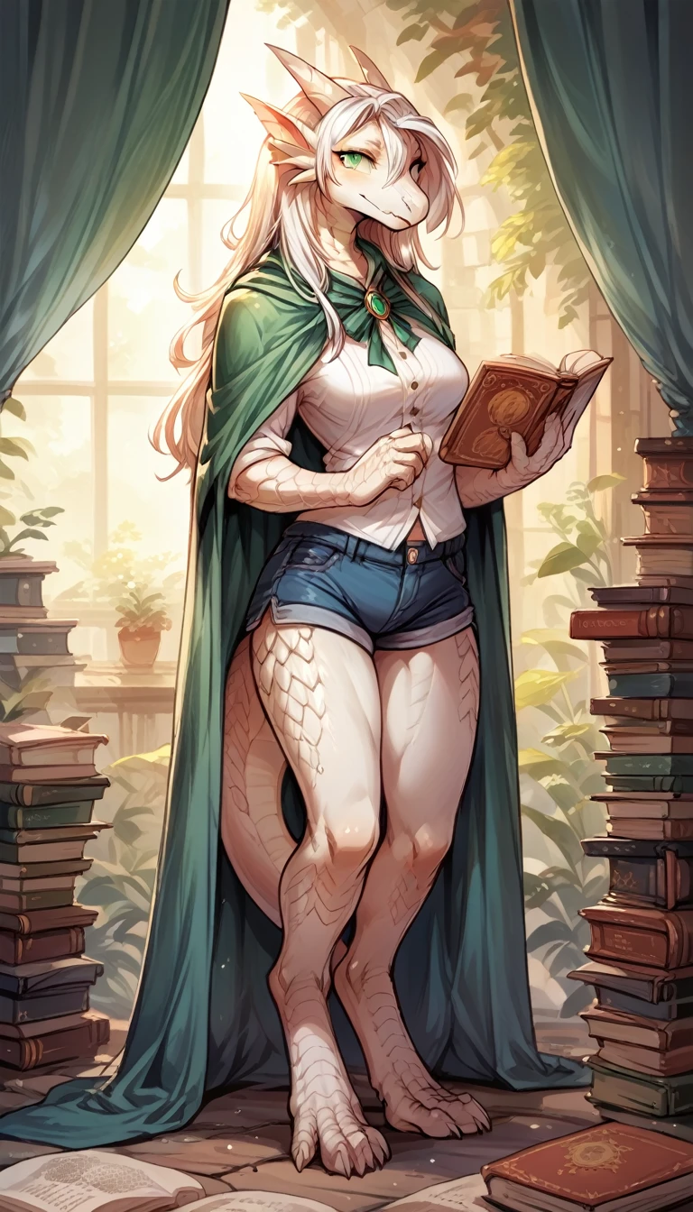 score 9, score 8 up, image of a woman standinh, dragoness,  long hair, green eyes, anthro, digitigrade, mage, shorts, blouse, cape, book, white scales, solo