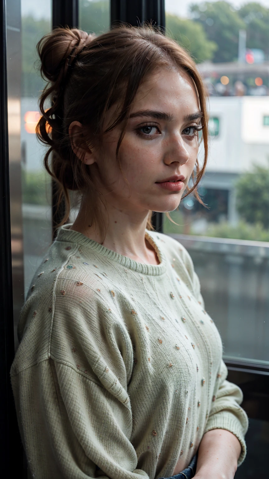 low quality, unprofessional, ultra realistic, selfie-style photo of a ginger woman standing next to a train looking out the window, sad, innocent, messy hair (freckles:0.8) cute face, detailed eyes, blue eyes, wearing pants and green sweater, cozy green sweater, iphone picture, unprofessional, old camera filter, close-up, close-up on face, amateur, detailed face, beautiful eyes, low-light, low light, bad lighting, dark, light freckles, close-up on face, detailed face, side-profile, looking away, turned to the left, hair in bun, hairbun