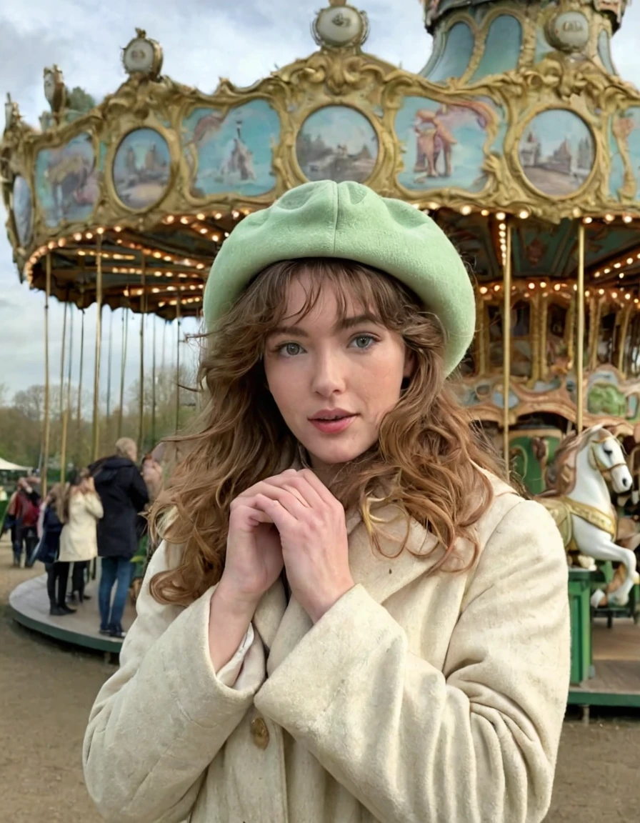 Femke Quintana, ses cheveux bruns bouclés et ses yeux vert vif se dressant devant le carrousel vintage dans un vieux parc d'attractions un matin brumeux, vêtue d'un long manteau blanc à broderies d'or complexes et d'un chapeau assorti orné d'un délicat charme argenté, capture une pose mémorable pour l'appareil photo vintage en angle au-dessus alors qu'elle équilibre une jambe pliée et l'autre droite, ses bras relâchés le long de son corps, les mains pendantes lâchement au niveau des hanches, la scène dégageant du drame et du mystère, avec une grosse poitrine