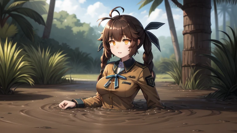 m14 (girls frontline), brown shirt, ahoge, brown hair, eyebrows visible through hair, medium breasts, long sleeves, multicolored hair, ribbon, twintails,two-tone hair,yellow eyes, partially submerged, in mud, flooding up to the chest, upper body, military uniform, jungle,  