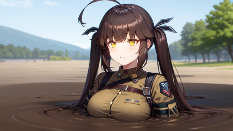 m14 (girls frontline), brown shirt, ahoge, brown hair, eyebrows visible through hair, medium breasts, long sleeves, multicolored hair, ribbon, twintails,two-tone hair,yellow eyes, partially submerged, in mud, flooding up to the chest, upper body, military uniform, jungle,  