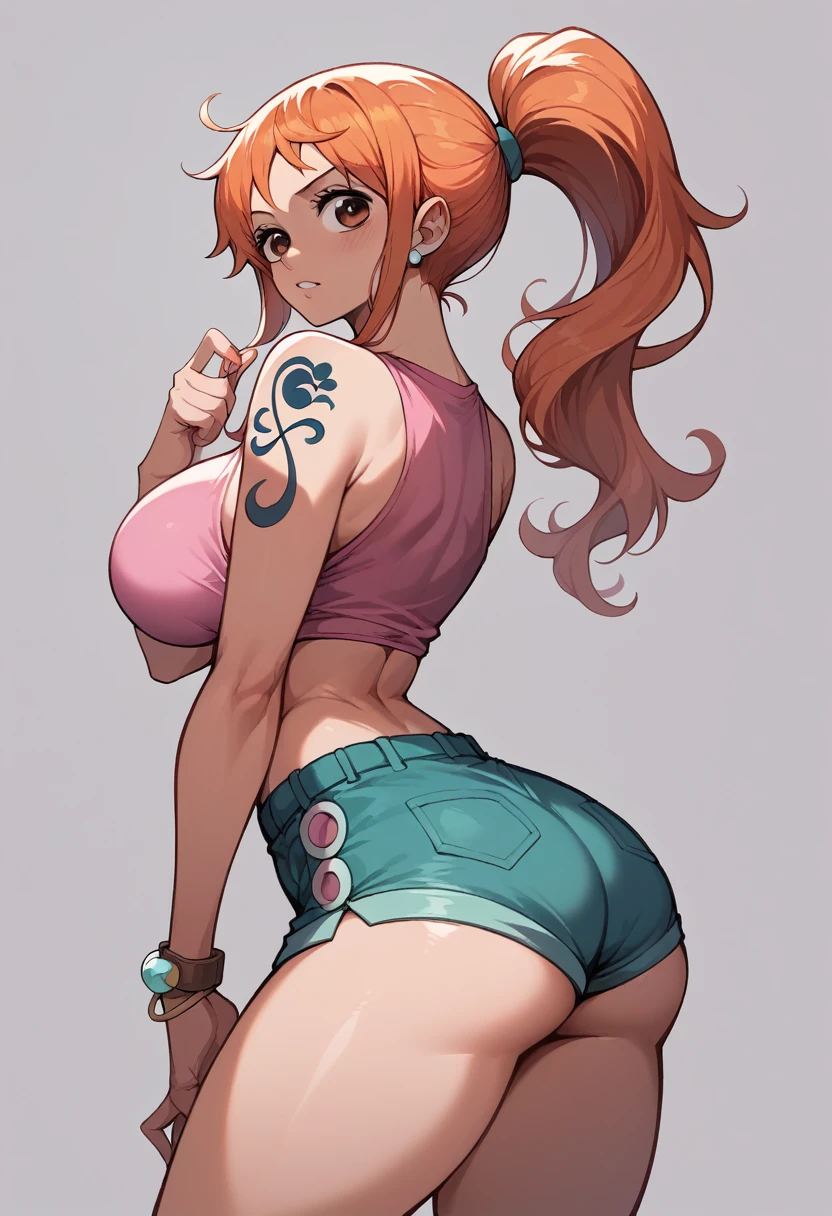 Nami in a pink top and pink short shorts, HD, best qualityer, work of art, big tight chest, big ass tight, sexy hot, Panas, sensuous, ponytail hair