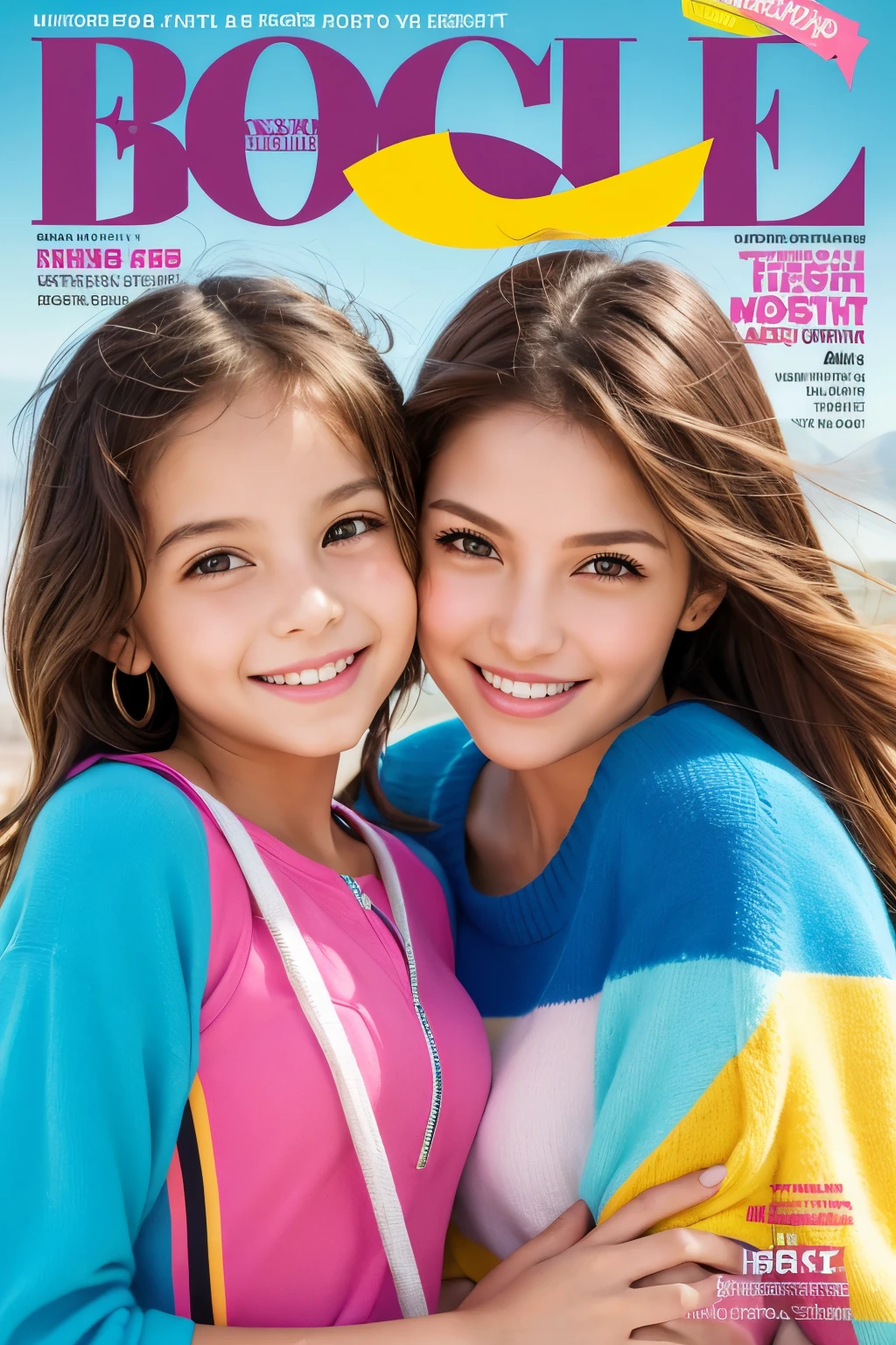 A mother and  daughter on a magazine cover, vibrant colors, high-resolution, realistic portrayal, fashion-forward, loving bond, trendy attire, captivating smiles, natural beauty, professional lighting, contemporary style, artistic composition