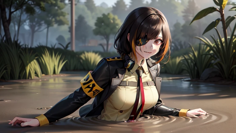 masterpiece, best quality, highres 64k, professional artwork, famous artwork, clean, cinematic lighting, beautiful eyes + detail, beautiful hair + detail, multicoloured hair, (sexy young female body:1.4), ( medium breasts, lactation), happy:1.2, smile, sexy looking at the viewer, floating hair, (M16GFL), makeup, eyepatch, brown hair, brown eyes, armband, jacket, Khaki shirt, long sleeves, black and red tie, (in love), partially submerged, in mud, flooding up to the chest, upper body, military uniform, jungle,  