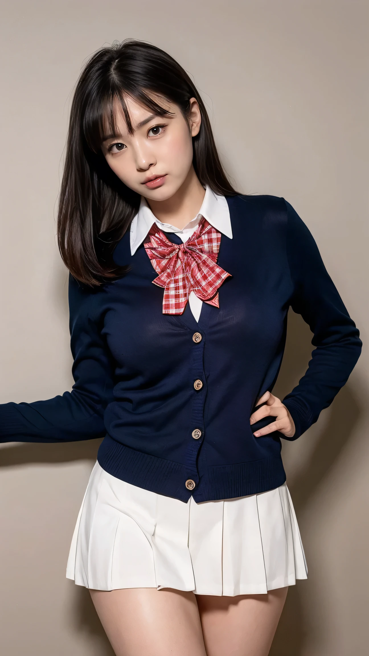 (((8k、High resolution、Highest quality、High resolution)))alone、Natural body shape、White skin、Natural Makeup、Black Hair、Straight Long Hair、、((High School Uniform)) 、((Navy blue cardigan、white collared long sleeve blouse))、((Red checked pleated skirt))、(red school ribbon)、、(Big Breasts)、((The upper body is wearing a uniform))、(((Photograph the whole body)))、(((Exposing your thighs)))