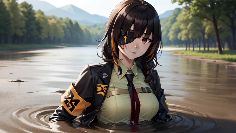 masterpiece, best quality, highres 64k, professional artwork, famous artwork, clean, cinematic lighting, beautiful eyes + detail, beautiful hair + detail, multicoloured hair, (sexy young female body:1.4), ( medium breasts, lactation), happy:1.2, smile, sexy looking at the viewer, floating hair, (M16GFL), makeup, eyepatch, brown hair, brown eyes, armband, jacket, Khaki shirt, long sleeves, black and red tie, (in love), partially submerged, in mud, flooding up to the chest, upper body, military uniform, jungle,  