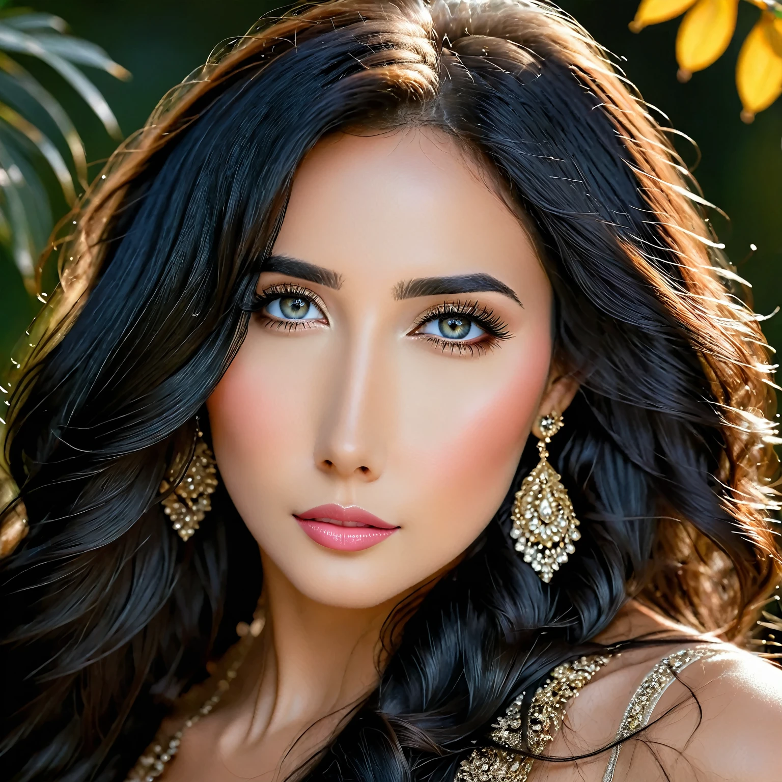 a beautiful woman with long, lush, wavy black hair that gracefully falls over her shoulders and flows softly around her face, framing it with a touch of glamour, 1girl, detailed facial features, beautiful detailed eyes, beautiful detailed lips, extremely detailed eyes and face, long eyelashes, elegant, serene expression, high quality, 8k, photorealistic, cinematic lighting, dramatic chiaroscuro, dramatic colors, warm tones, fantasy, mystical, ethereal