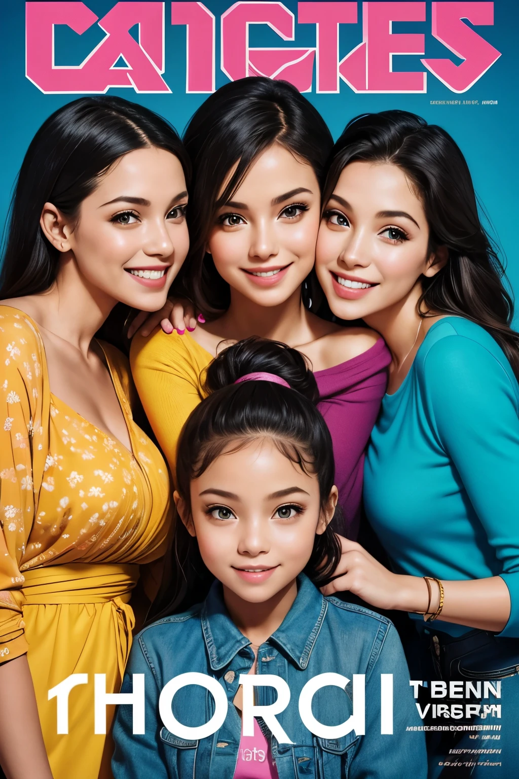 A mother and her daughters on a magazine cover, vibrant colors, high-resolution, realistic portrayal, fashion-forward, loving bond, trendy attire, captivating smiles, natural beauty, professional lighting, contemporary style, artistic composition