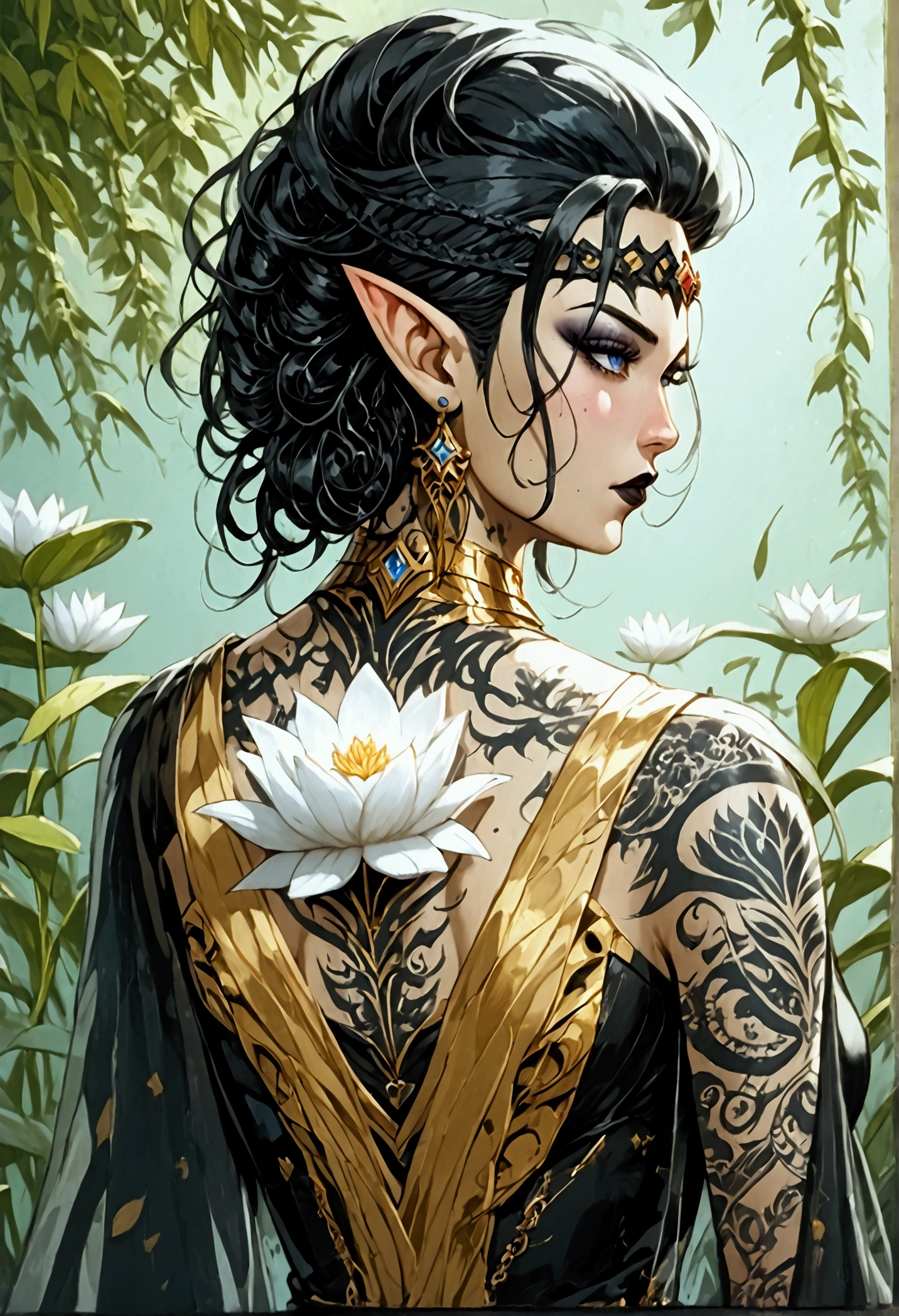 Arafed, Dark fantasy art, fantasy art, goth art, a picture of a tattoo on the back of a female elf, a glowing tattoo of a ((white lotus: 1.3)) on the elf's back, the ((lotus 1.3), she wears a transparent black dress, the dress is elegant, flowing, elven style, that the tattoos glow, dynamic hair color, dynamic hair style, Ultra-high resolution, High Contrast, (masterpiece:1.5), highest quality, Best aesthetics), 16K fantasy art, best details, best quality, highres, 32k, ((ultra detailed: 1.5)), masterpiece, best quality, (extremely detailed), rpg portrait, photograph,