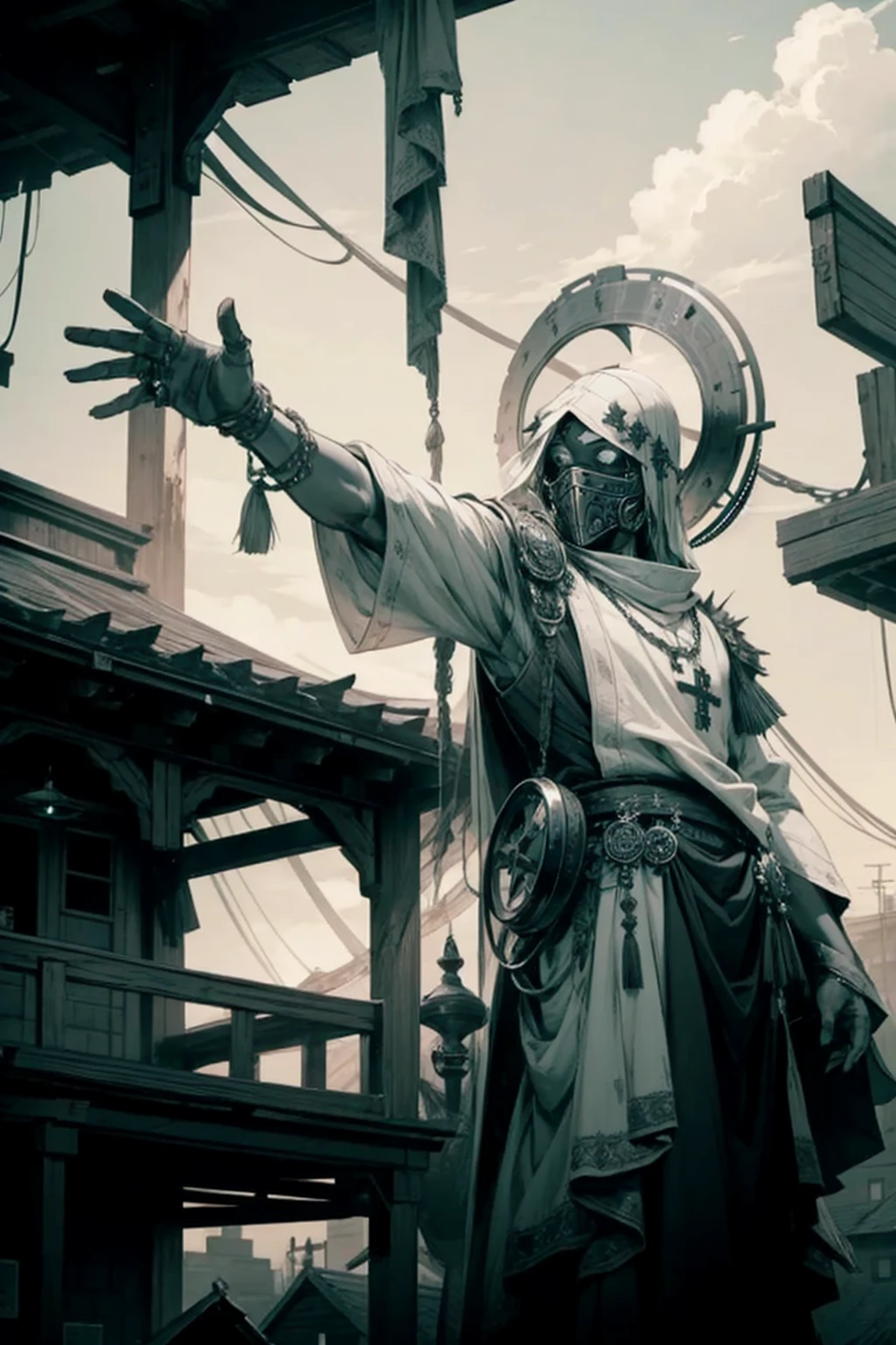 wide shot, painting, drawing outlines. a person standing atop porch, male, arms outstretched, straps and tassels dangling from clothes, broad shoulders, religious icon, heavy religious iconography, robotic metal mask, 'massive' metal ring atop head(like a very large/wide halo), very large 2 ft diameter metal disc attached atop head(disc hat)(spikey ring), dull sky, in repaired apocalyptic town, grungy, cultish, apocalyptic, vibrant