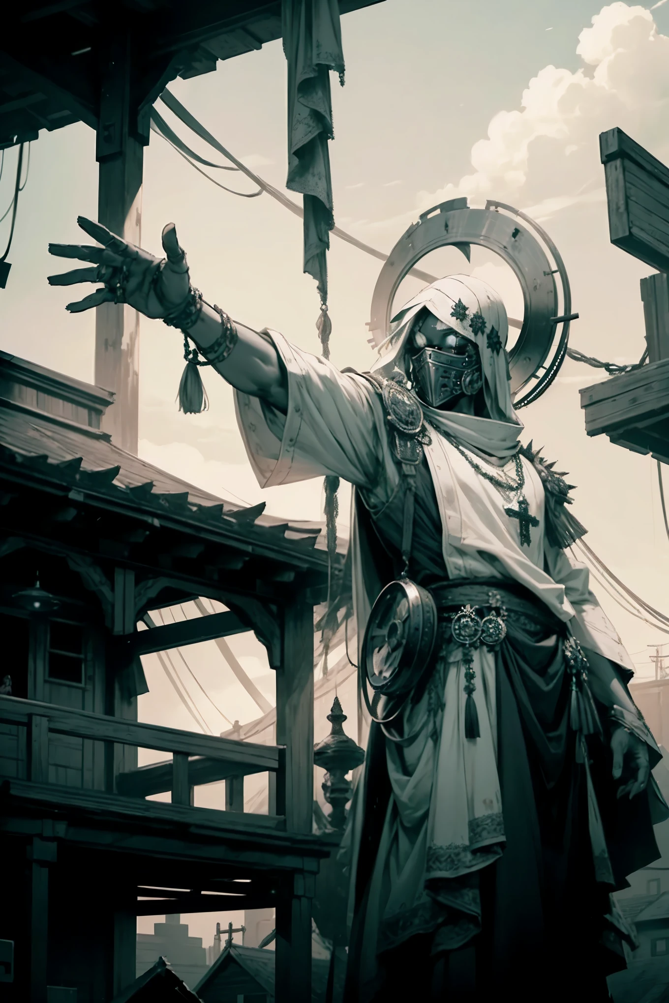 wide shot, painting, drawing outlines. a person standing atop porch, male, arms outstretched, straps and tassels dangling from clothes, broad shoulders, religious icon, heavy religious iconography, robotic metal mask, 'massive' metal ring atop head(like a very large/wide halo), very large 2 ft diameter metal disc attached atop head(disc hat)(spikey ring), dull sky, in repaired apocalyptic town, grungy, cultish, apocalyptic, vibrant