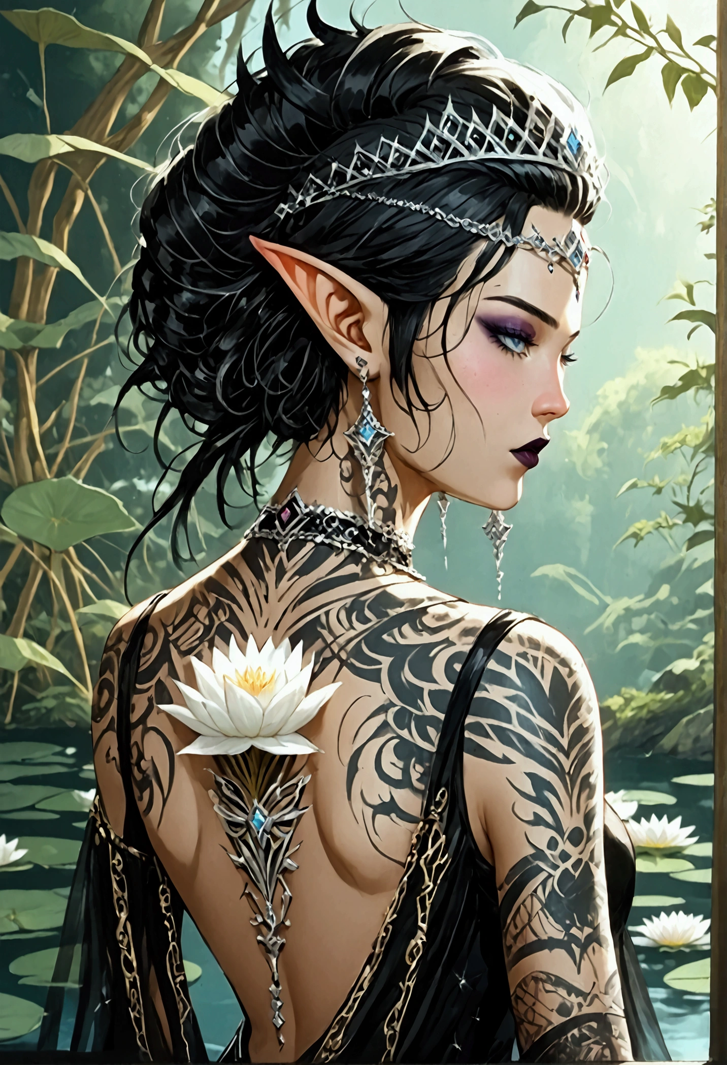 Arafed, Dark fantasy art, fantasy art, goth art, a picture of a tattoo on the back of a female elf, a glowing tattoo of a ((white lotus: 1.3)) on the elf's back, the ((lotus 1.3), she wears a transparent black dress, the dress is elegant, flowing, elven style, that the tattoos glow, dynamic hair color, dynamic hair style, Ultra-high resolution, High Contrast, (masterpiece:1.5), highest quality, Best aesthetics), 16K fantasy art, best details, best quality, highres, 32k, ((ultra detailed: 1.5)), masterpiece, best quality, (extremely detailed), rpg portrait, photograph,