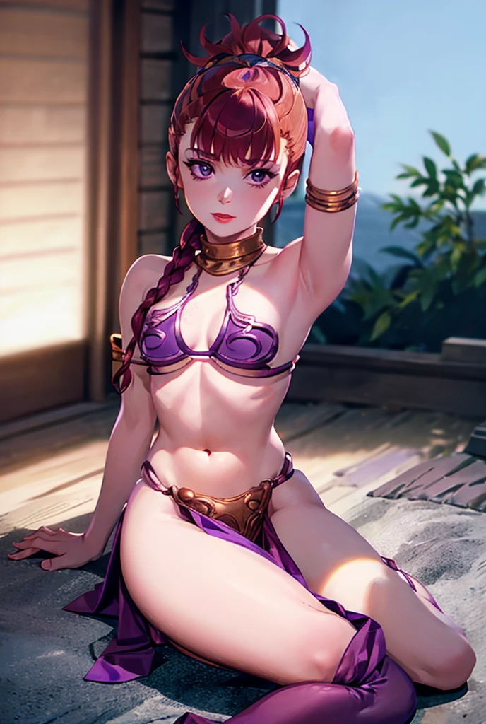 Rika in slave leias purple outfit, makeup, purple lipstick, loincloth, red hair