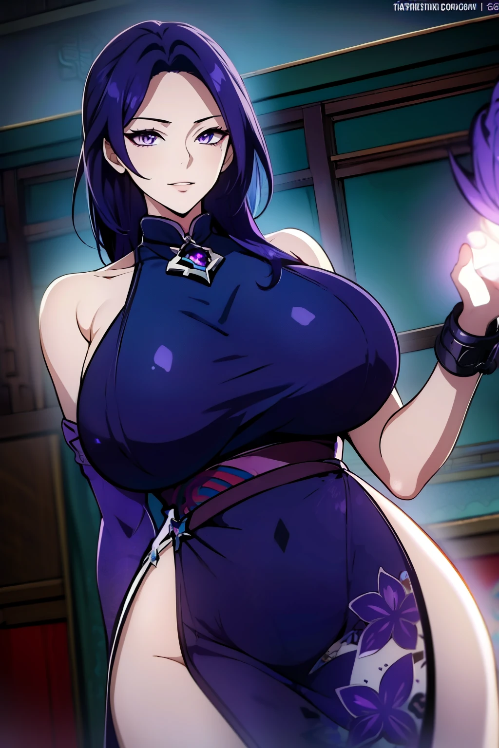 An anime-style artwork depicting acheron from the game Honkai star rail.

Tags: acheronhsr, anime, detailed eyes, detailed lips, (chinese dress:1.4), turtleneck, smiling expression, intense gaze, glowing emblem on hand, dynamic pose, mystical background, vibrant colors, digital art, high-resolution, professional quality, gigantic breasts,  curvy, cowboy shot, (gigantic breasts: 1.4), (purple eyes: 1.4), (blue hair: 1.6), short hair