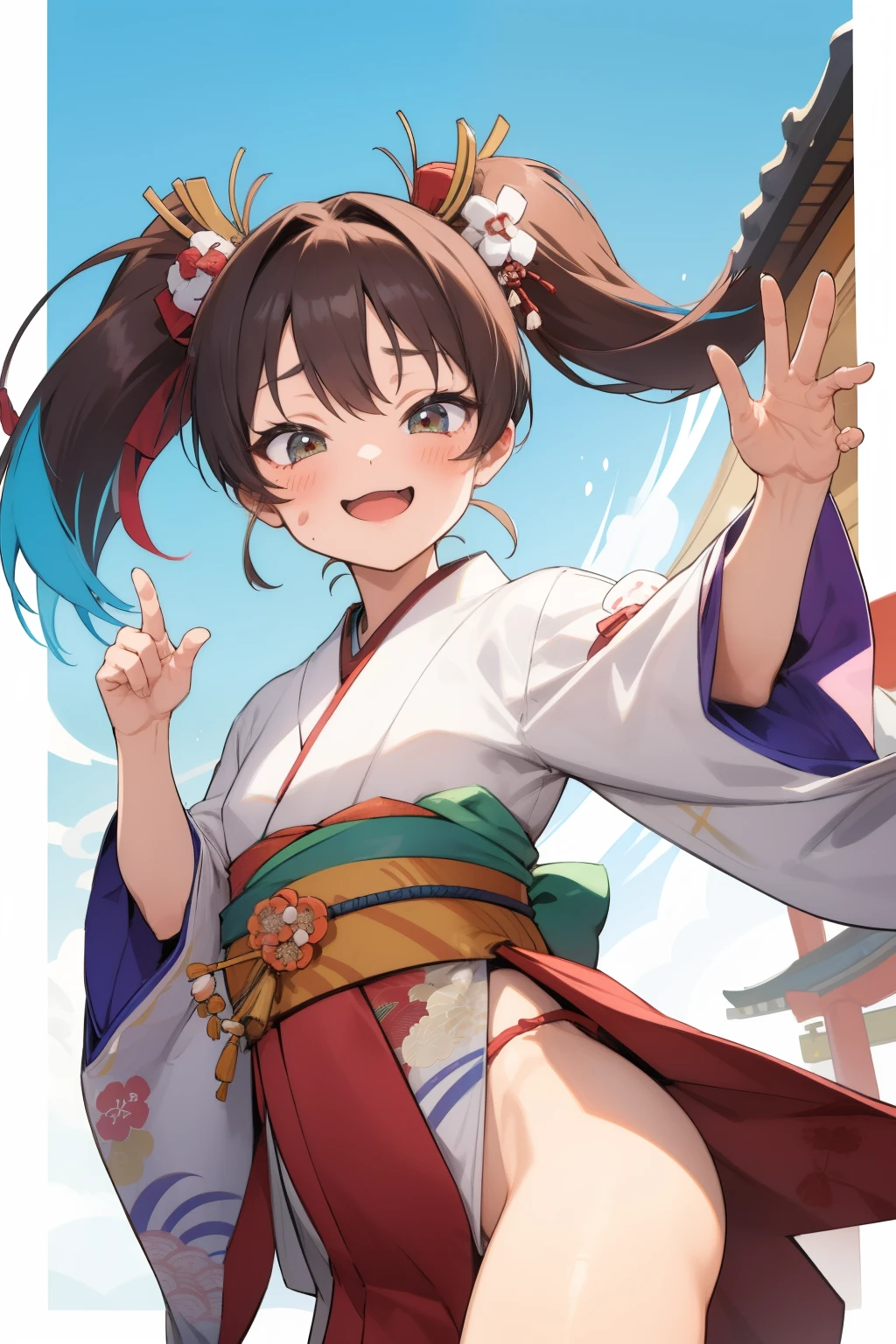 ( Very small Japanese girl)，Loincloth，Japanese Festivals，Cute kimono，I saw the world，Urine stains，，(Side Pony,Colorful Hair)，Bruises and gestures，