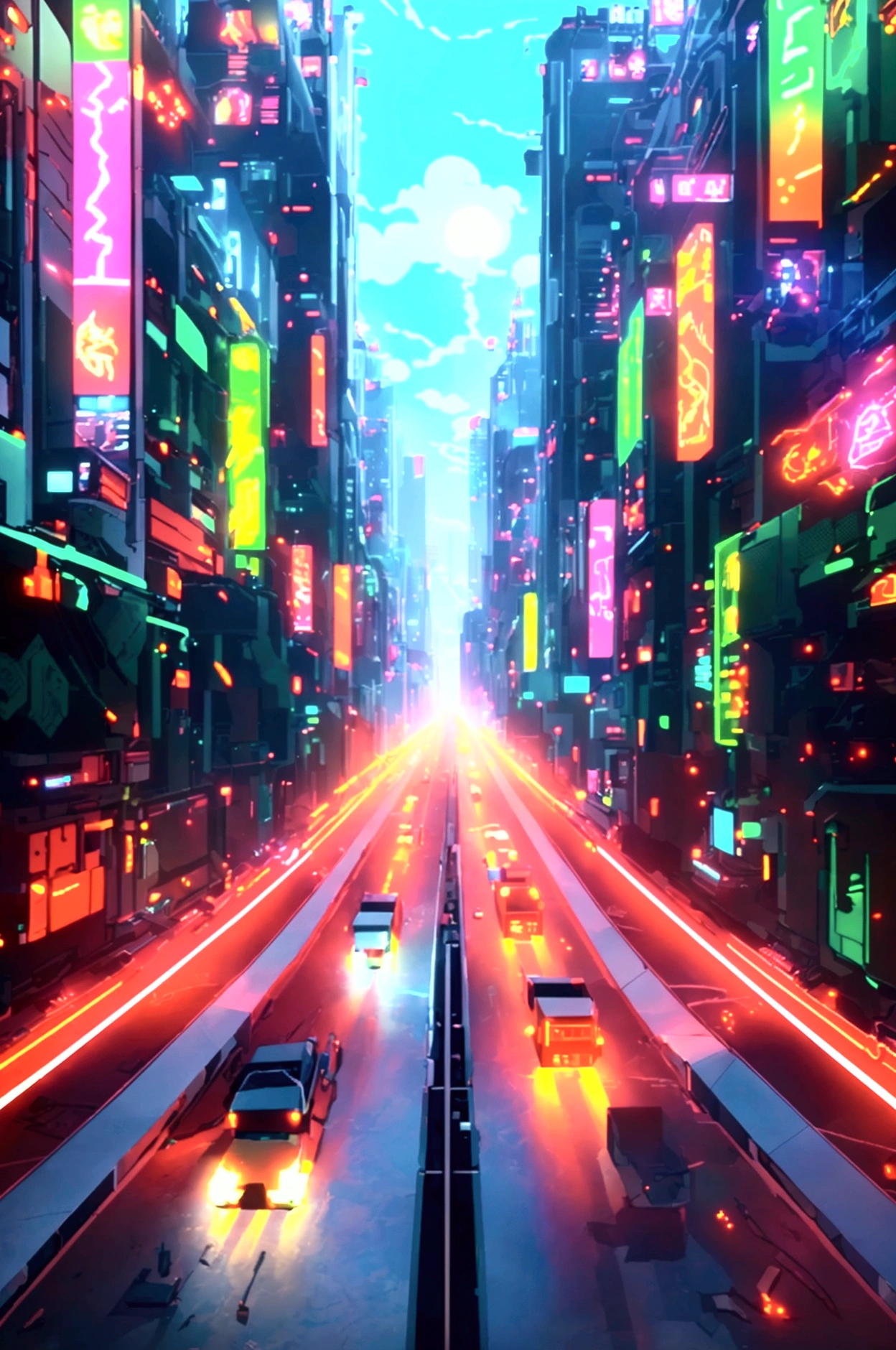 ((Top view: 1.3, cyberpunk: 1.2, Street: 1.1), 2D game style, Pixel art style, transparency, Powerful colors, Advertising lights, Animated roads and cars, Unique charm! )