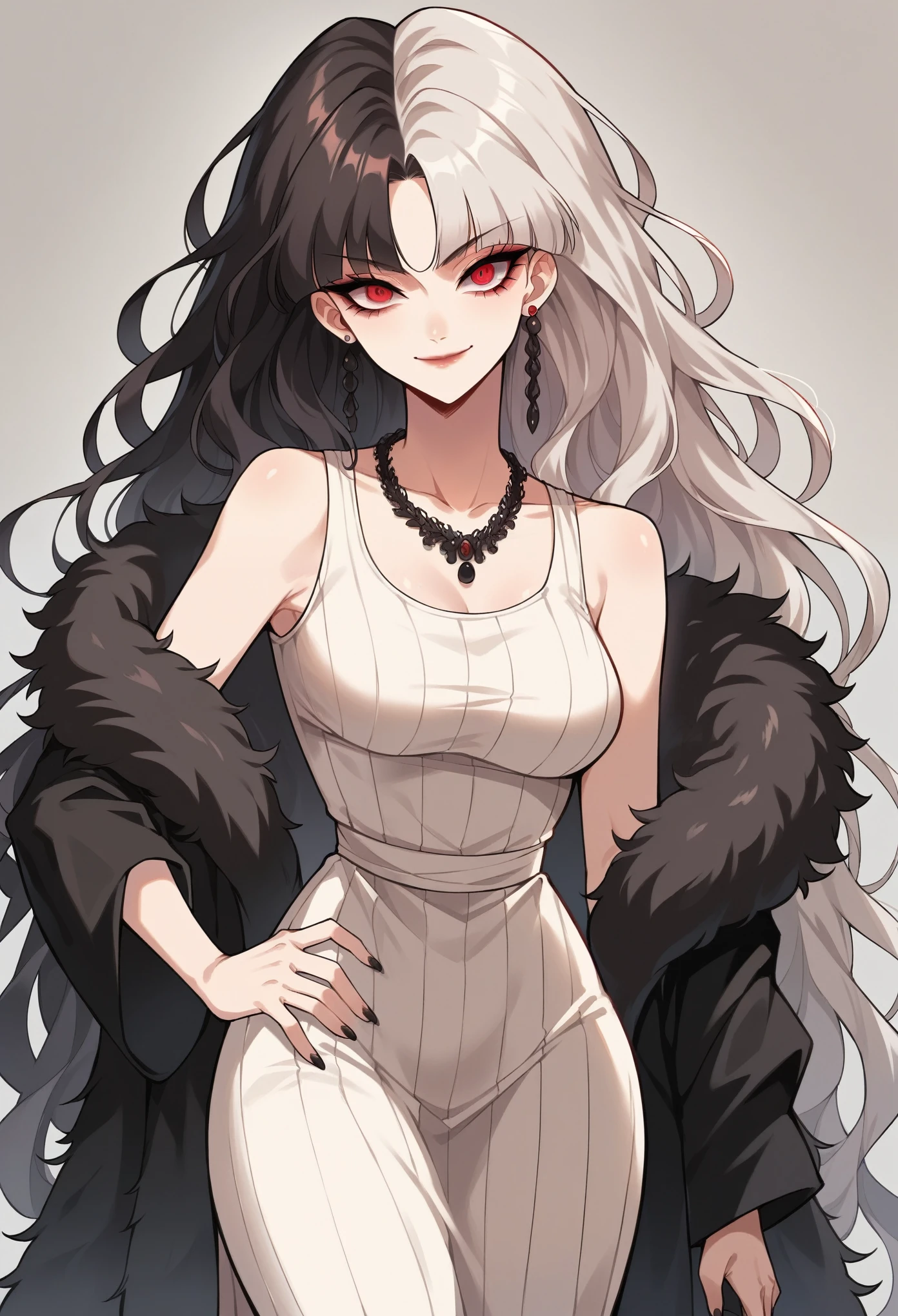 (masterpiece, best quality, high quality, highres, ultra-detailed), 1girl, long ponytail hair, black eye left, red eye right, multi-coloured eyes, (split hair color hair white and black), necklace, earrings, (mature female), looking at viewer, mommy like body build, older female, thick, thicc, medium breasts, extra wide hips, (multi-coloured dress, fur dress split color white and black, looking directly at viewer, standing), hand on hip, smile, closed mouth, split hair