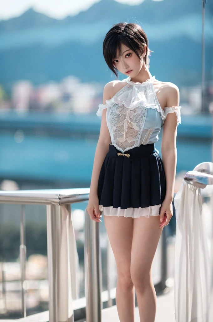 woman, 20-year-old, short black wavy hair、bangs、Cat ear、plump nipples、(White Bikini)、(blue long skirt), black stocking dium milk, cute smile、((Pose that emphasizes the buttocks、looked back))、sexy hips、black high heels、big necklace、((((the wind blew my skirt, expose my panties...))))、(Light blue lace panties)、cute earrings、(tilt your head a little)