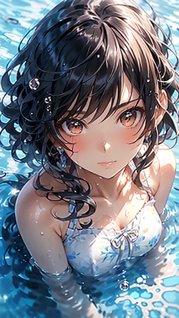 makoto shinkai style, a beautiful girl with black hair in the water, in the style of light blue and white, anime-inspired portraits, realistic details, 8k, water, black hair, portrait, bangs, brown eyes, partially submerged, water drop, wet hair, reflection, eyelashes, bubble