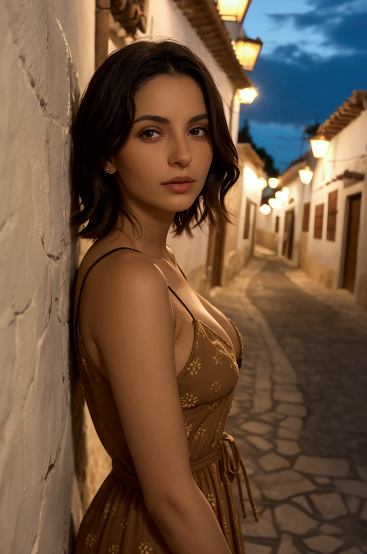 A sweet slim beautiful spanish woman standing a lonely street at night in an Andalusian small mountain village. She is extremely beautiful ,her face has delicated and delightful sensual. She has short hair. Her legs are long and slender. he is leanning on a wall in the street. The woman wears a short bohemian dress with gathered wais and deep cleavage. It is a summer midnight and there are some candles in the street.