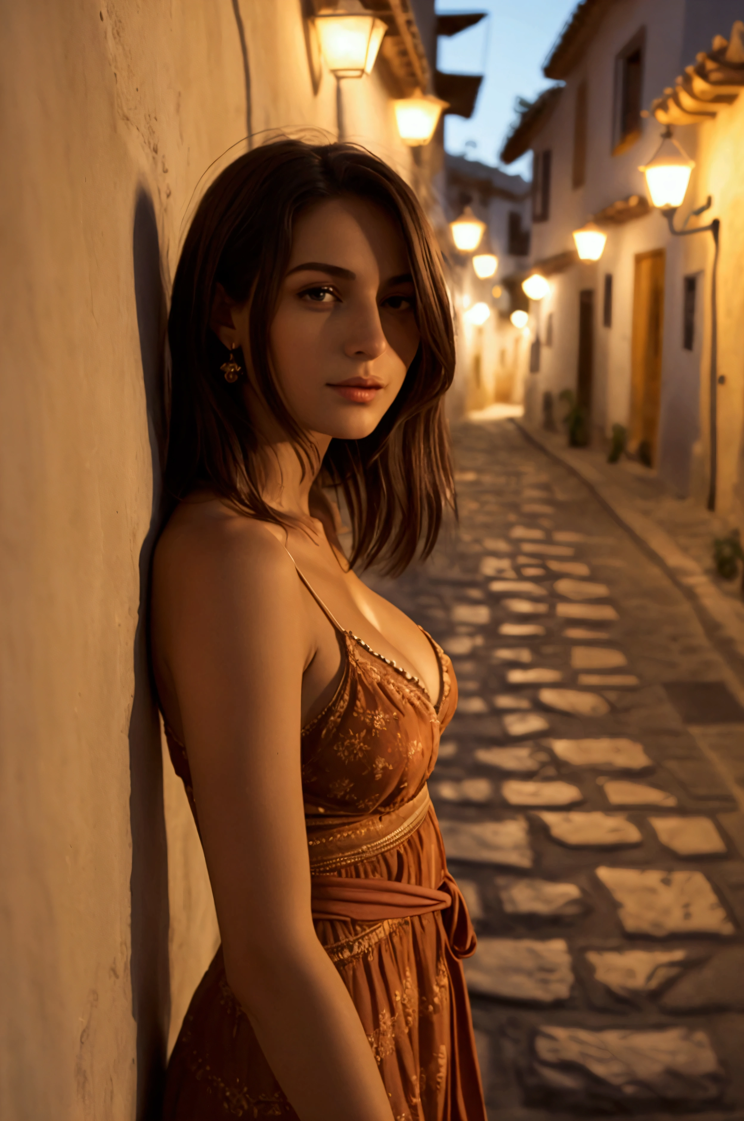 A sweet slim beautiful spanish woman standing a lonely street at night in an Andalusian small mountain village. She is extremely beautiful ,her face has delicated and delightful sensual. She has short hair. Her legs are long and slender. he is leanning on a wall in the street. The woman wears a short bohemian dress with gathered wais and deep cleavage. It is a summer night and there are candles in the street.