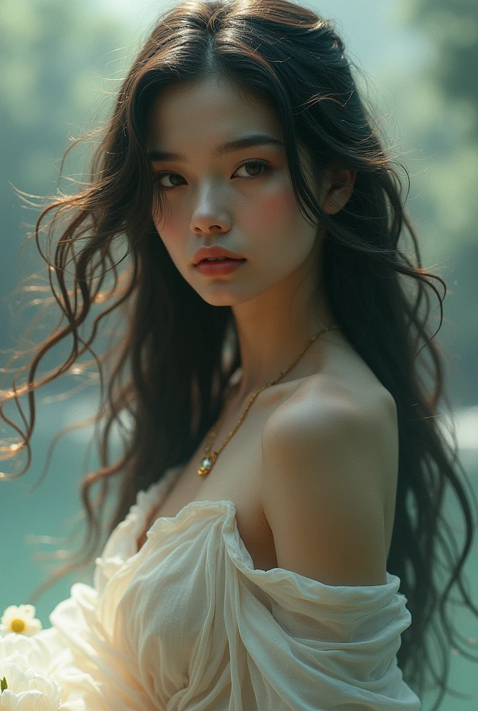 (photo of a beautiful woman , wearing a thin cloth ),morning , bathing by the water, forest, wet body, wet hair, shiny skin, ultra-detailed face, detailed eyes, lustrous lips ,skinny physique, beautiful figure, elegant,(best quality, masterpiece, ultra high res :1.3),(photorealistic:1.4)