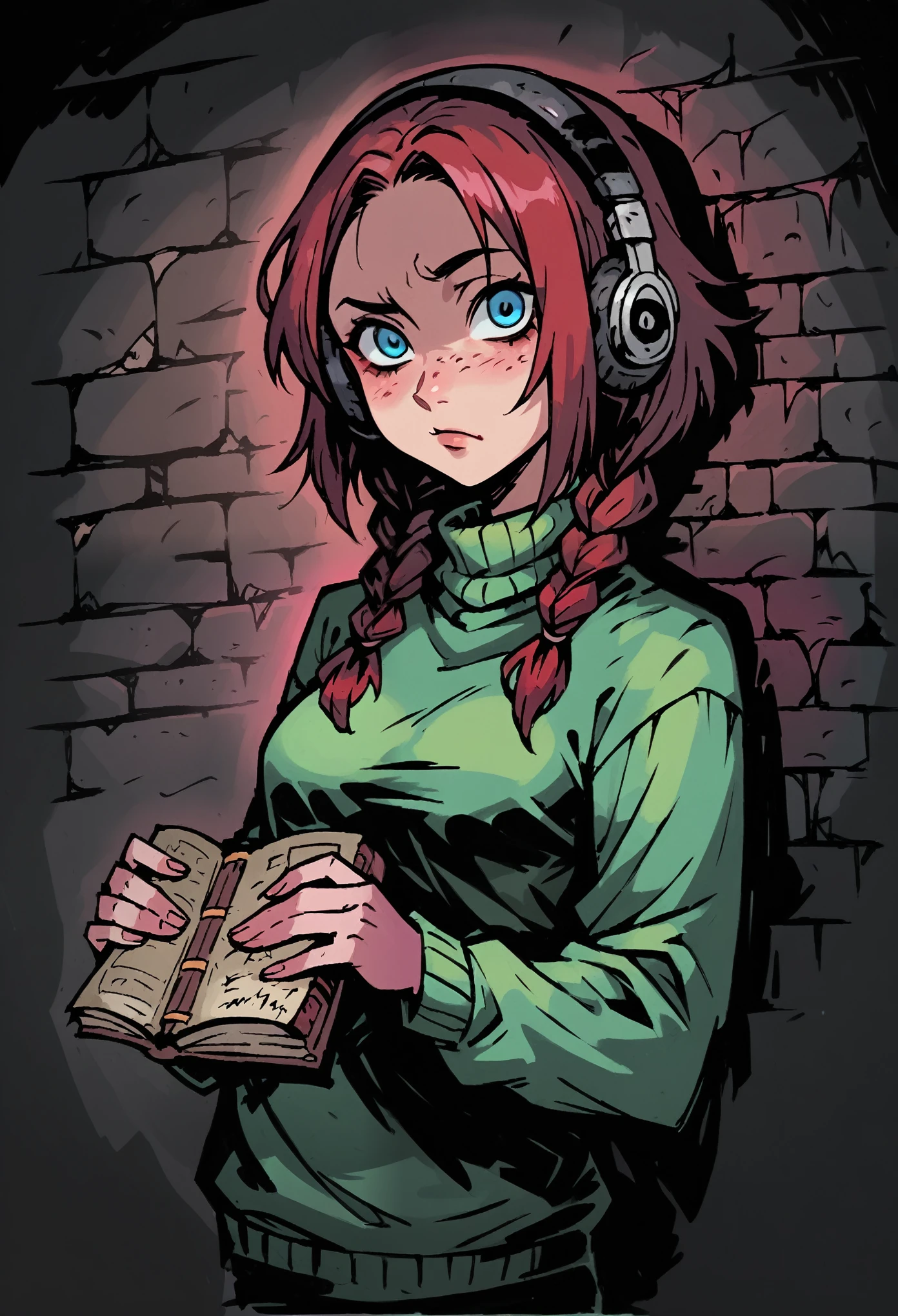Medium close-up of a pale, slender girl, medium hair, korean maroon hair with braids, contrast blue eyes with slightly freckles. She has thoughtful eyes and wander face expression with one eyebrow up, looking directly at the viewer, with a finely detailed, ultra-clear face. She has small black headphones. She wears clean green woolen sweater. Both hands holding old detailed book that is touching her belly under her small brests. The background features a weathered brick wall with maroon neon green light, creating dark, atmospheric scene. Highly detailed, inspired by Chris Bourassa's. Dramatic lightning, maroon neon lamp lights. Somber character design with thick outlines.